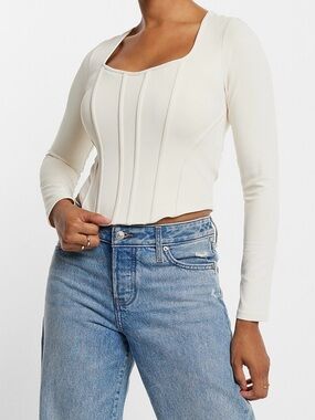 NWT Express Body Contour White Long Sleeve Corset Seam Crop Top Medium